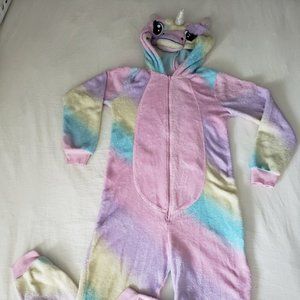 Ladies unicorn one piece pajama, rainbow pastels, zip front with hood, size XS